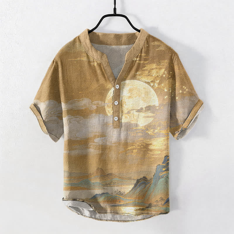 Buddha Stones Cotton Moon Cloud Mountain Pattern Men's Short Sleeve Half Button Shirt - Goldenrod - US/UK/AU50，EU60 (5XL) - image 0