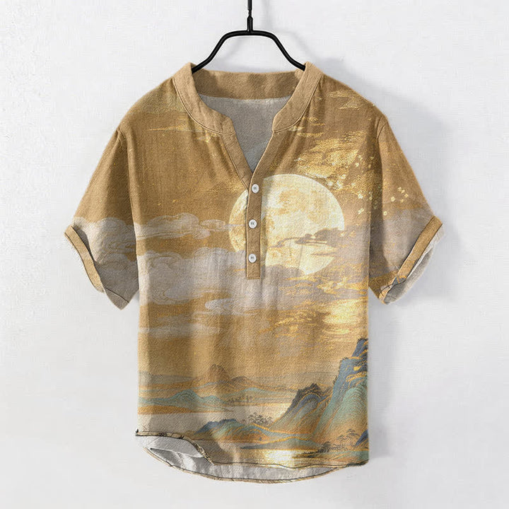 Buddha Stones Cotton Moon Cloud Mountain Pattern Men's Short Sleeve Half Button Shirt - Goldenrod - US/UK/AU50，EU60 (5XL) - image 0