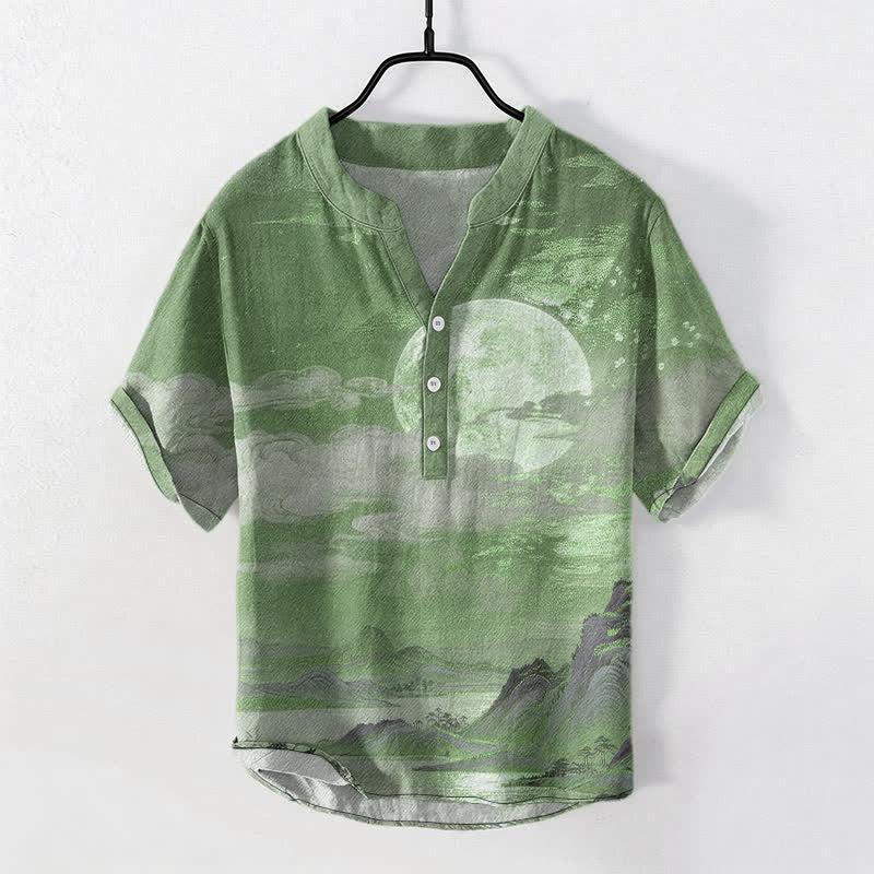 Buddha Stones Cotton Moon Cloud Mountain Pattern Men's Short Sleeve Half Button Shirt - SeaGreen - US/UK/AU50，EU60 (5XL) - image 10