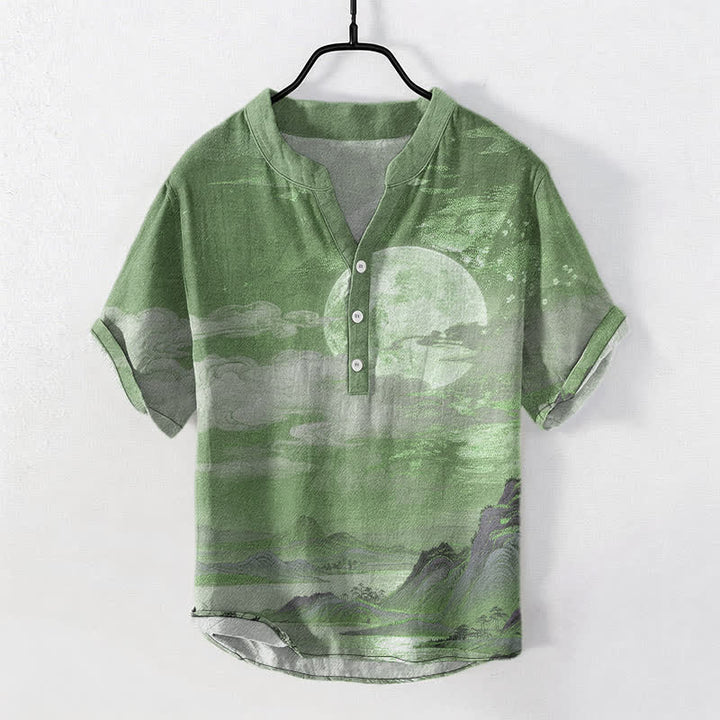 Buddha Stones Cotton Moon Cloud Mountain Pattern Men's Short Sleeve Half Button Shirt - SeaGreen - US/UK/AU50，EU60 (5XL) - image 10