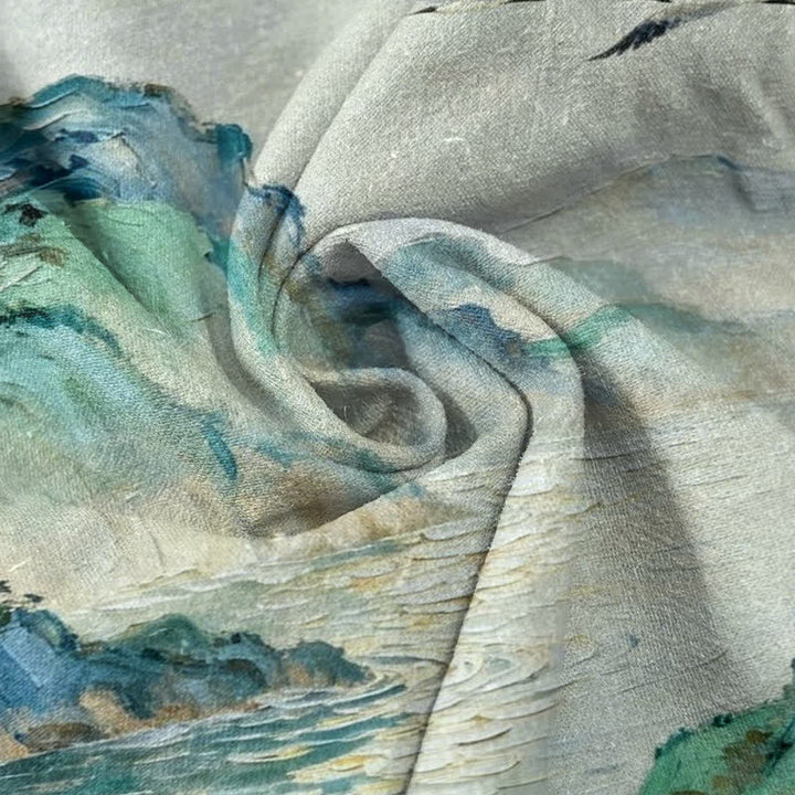 Buddha Stones Cotton Coastal Watercolor Landscape Pattern Men's Short Sleeve Half Button Shirt - image 2