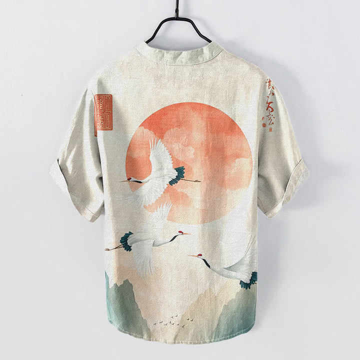Buddha Stones Cotton Red Sun Flying Crane Pattern Men's Short Sleeve Half Button Shirt - image 1