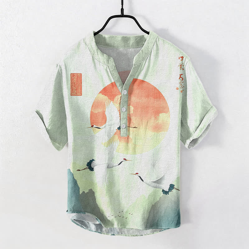 Buddha Stones Cotton Red Sun Flying Crane Pattern Men's Short Sleeve Half Button Shirt - MintCream - US/UK/AU50，EU60 (5XL) - image 6