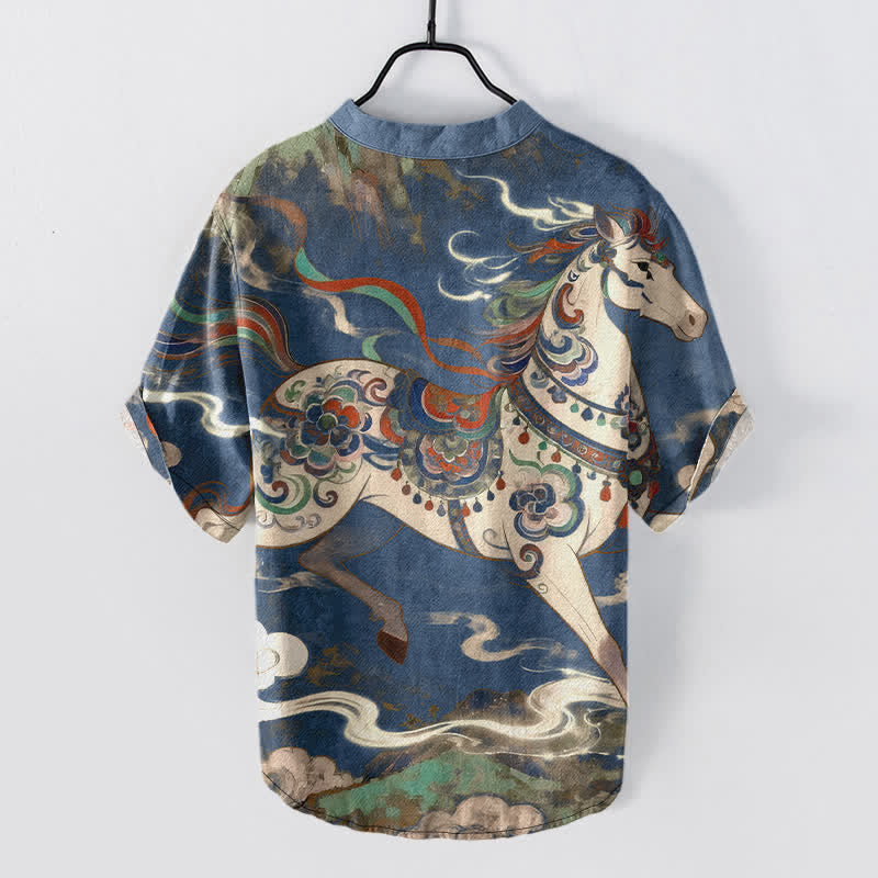 Buddha Stones Cotton Ornamental Running Horse Pattern Men's Short Sleeve Half Button Shirt - image 1