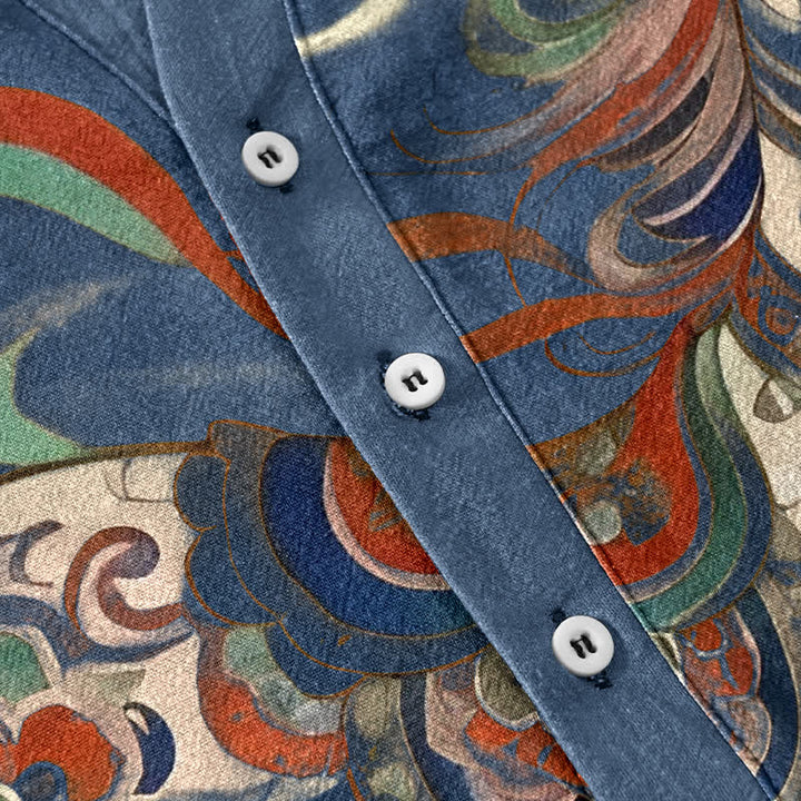Buddha Stones Cotton Ornamental Running Horse Pattern Men's Short Sleeve Half Button Shirt - image 3