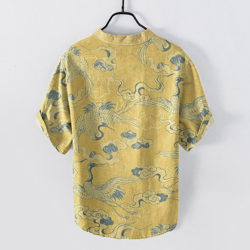 Buddha Stones Cotton Crane Clouds Pattern Men's Short Sleeve Half Button Shirt - image 4