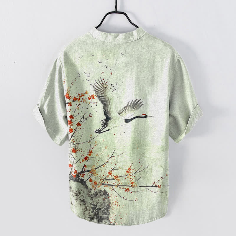 Buddha Stones Cotton Crane Plum Blossom Pattern Men's Short Sleeve Half Button Shirt - image 4
