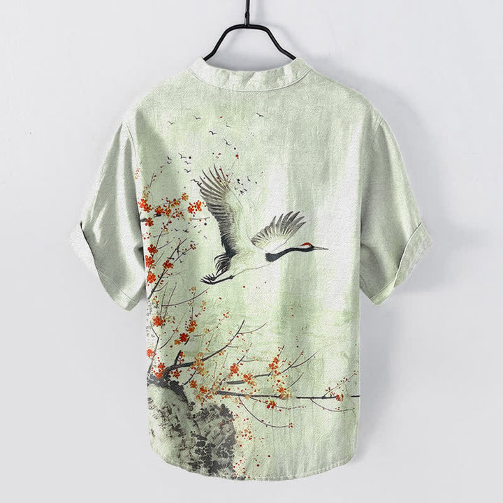 Buddha Stones Cotton Crane Plum Blossom Pattern Men's Short Sleeve Half Button Shirt - image 4