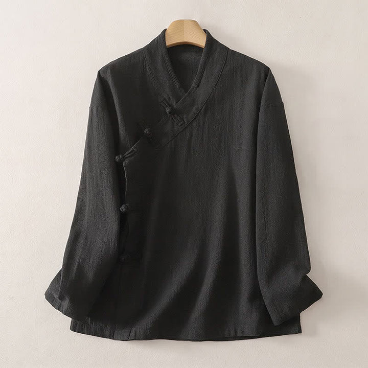 Buddha Stones Spring Summer Tang Style Minimalist V-Neck Frog Button Solid Women's Long Sleeve Shirts - Black - US12, UK/AU16, EU44 (3XL) - image 5