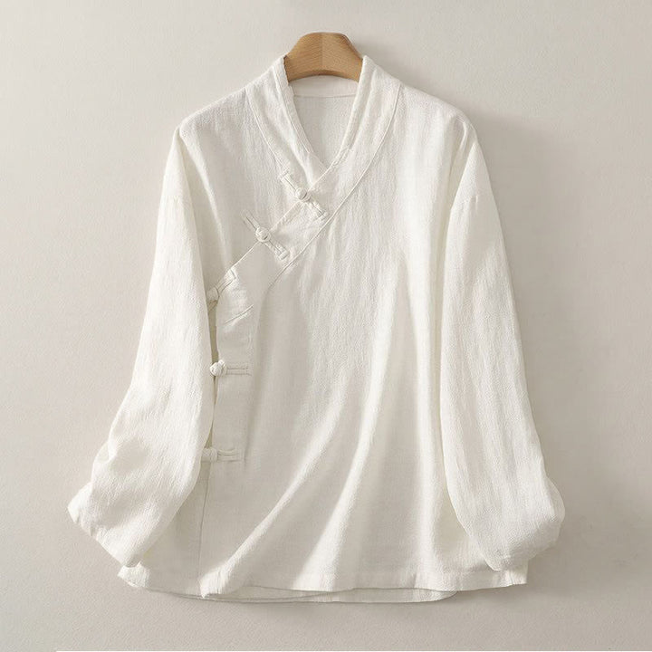 Buddha Stones Spring Summer Tang Style Minimalist V-Neck Frog Button Solid Women's Long Sleeve Shirts - Ivory - US12, UK/AU16, EU44 (3XL) - image 9