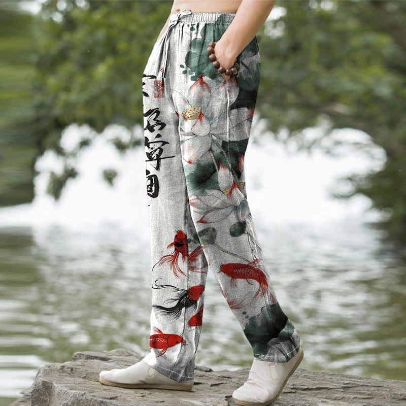 Buddha Stones Cotton Lotus Koi Fish Ink Wash Pattern Men's Tapered Pants With Pockets - image 1