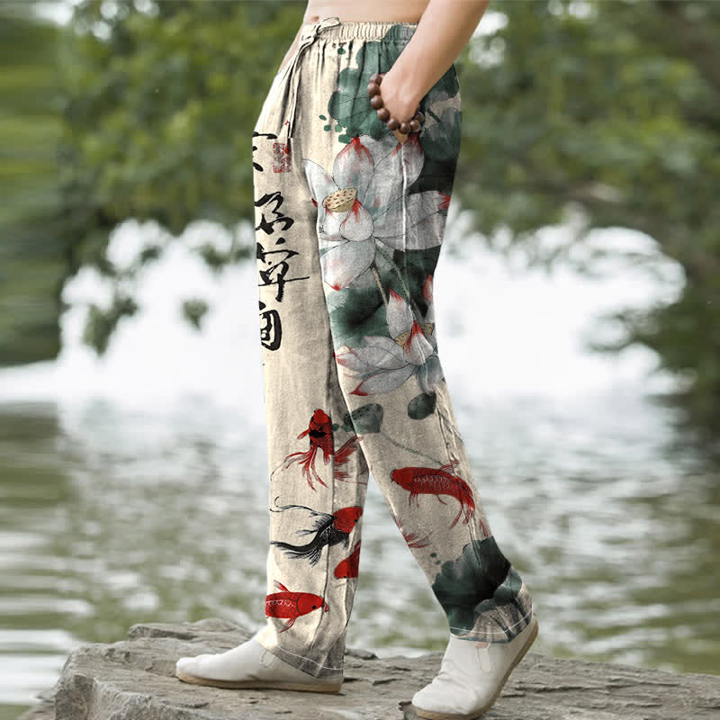 Buddha Stones Cotton Lotus Koi Fish Ink Wash Pattern Men's Tapered Pants With Pockets - image 5