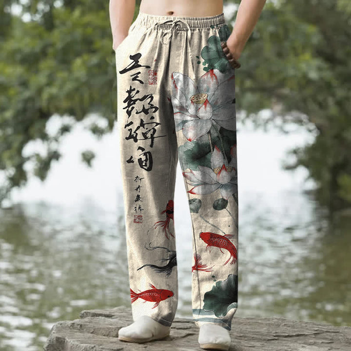 Buddha Stones Cotton Lotus Koi Fish Ink Wash Pattern Men's Tapered Pants With Pockets - Wheat - US/UK/AU50，EU60 (5XL) - image 4
