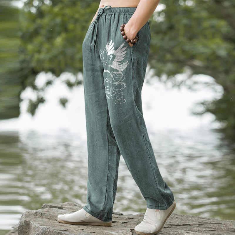 Buddha Stones Cotton White Crane Wave Pattern Men's Tapered Pants With Pockets - image 1