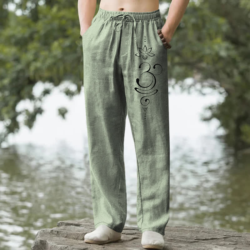 Buddha Stones Cotton Zen Lotus Om Pattern Men's Tapered Pants With Pockets - DarkSeaGreen - US/UK/AU50，EU60 (5XL) - image 4