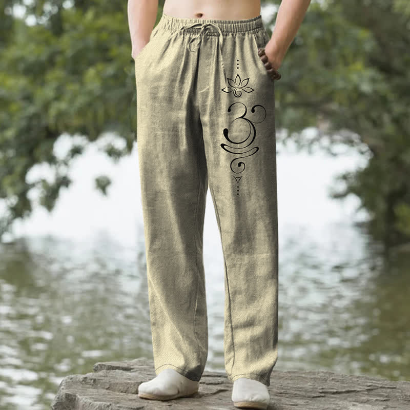 Buddha Stones Cotton Zen Lotus Om Pattern Men's Tapered Pants With Pockets - Khaki - US/UK/AU50，EU60 (5XL) - image 6