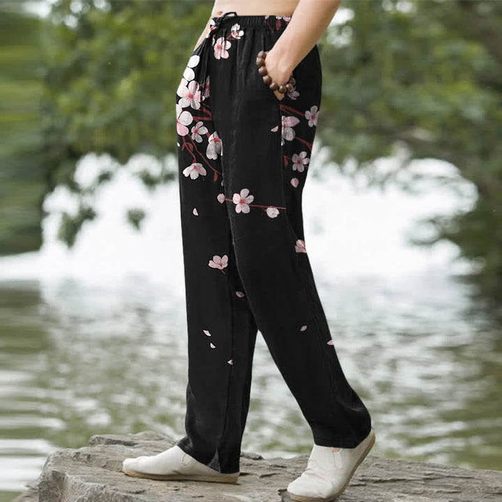 Buddha Stones Cotton Pink Sakura Blossom Pattern Men's Tapered Pants With Pockets - image 1