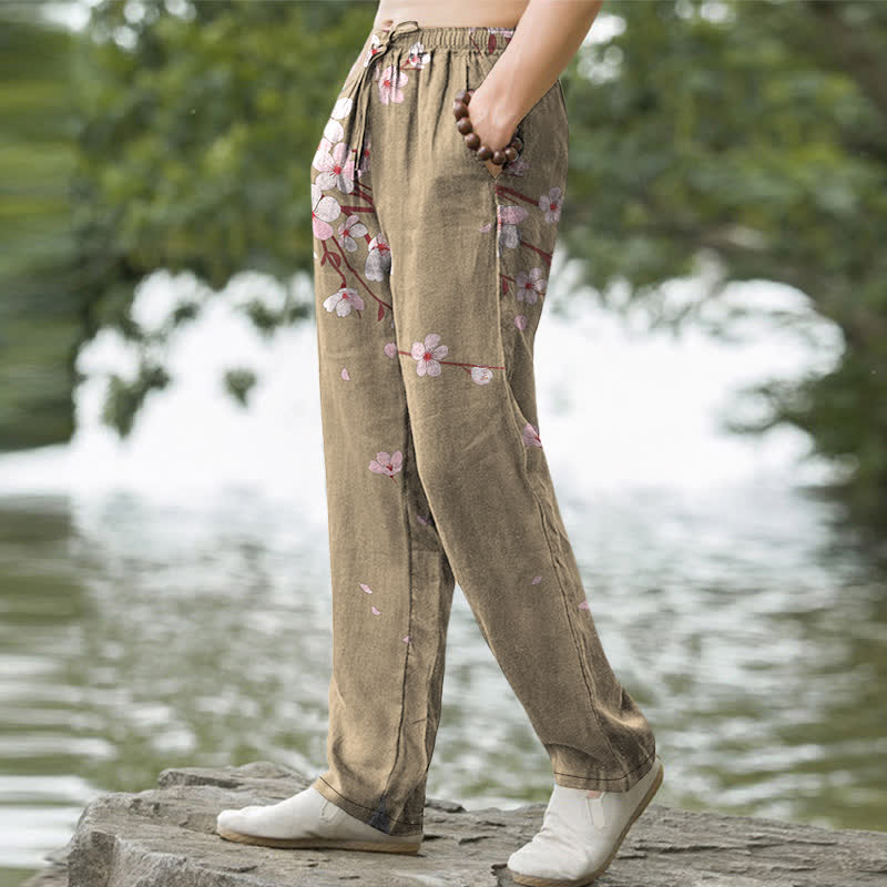 Buddha Stones Cotton Pink Sakura Blossom Pattern Men's Tapered Pants With Pockets - image 5
