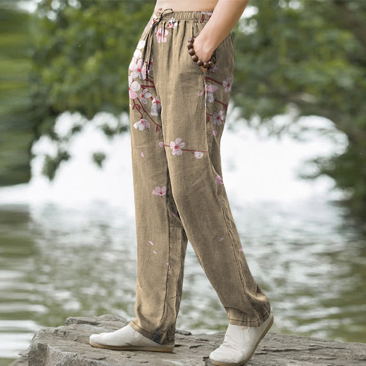 Buddha Stones Cotton Pink Sakura Blossom Pattern Men's Tapered Pants With Pockets - image 5