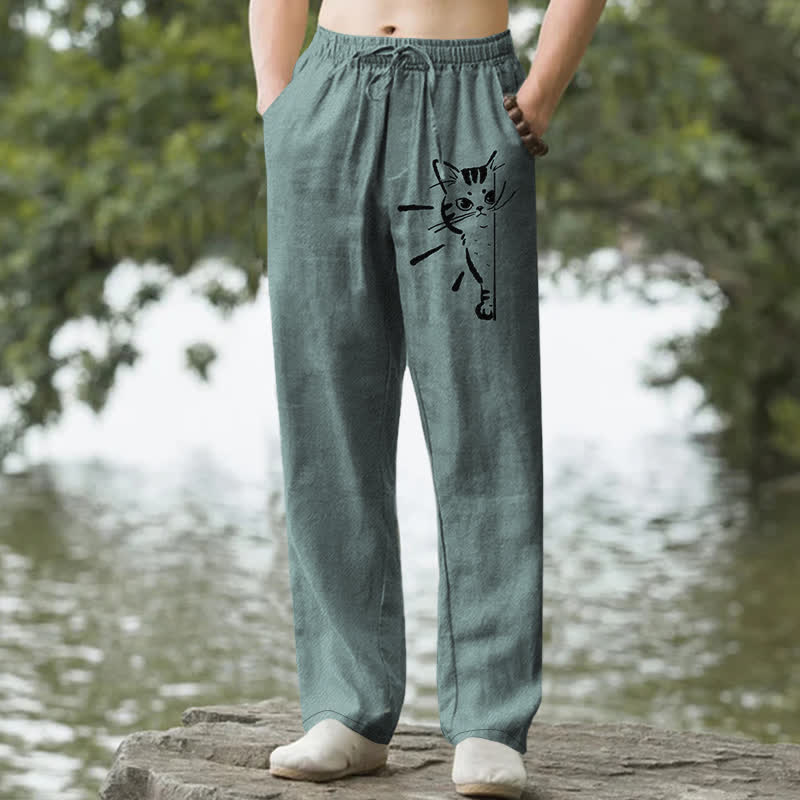Buddha Stones Cotton Black Cat Sketch Pattern Men's Tapered Pants With Pockets - CadetBlue - US/UK/AU50，EU60 (5XL) - image 4