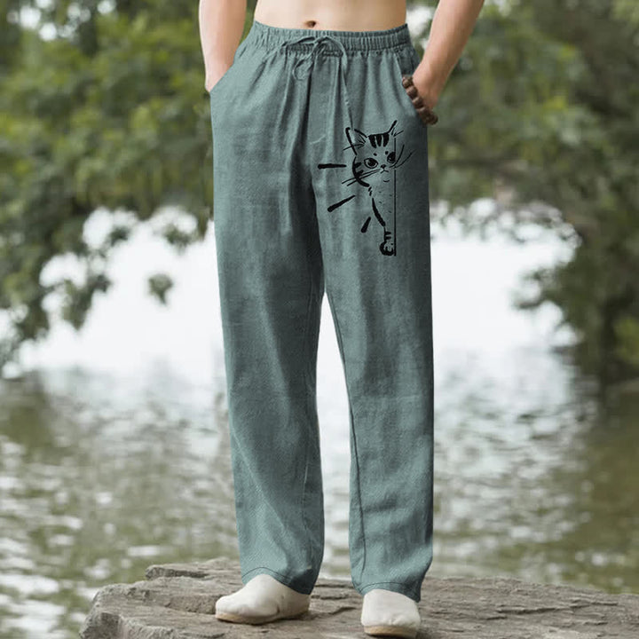 Buddha Stones Cotton Black Cat Sketch Pattern Men's Tapered Pants With Pockets - CadetBlue - US/UK/AU50，EU60 (5XL) - image 4