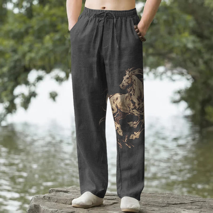Buddha Stones Cotton Golden Running Horse Pattern Men's Tapered Pants With Pockets - Black - US/UK/AU50，EU60 (5XL) - image 4