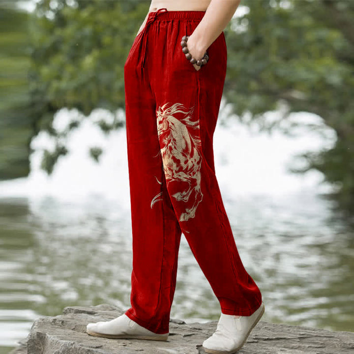 Buddha Stones Cotton Golden Running Horse Pattern Men's Tapered Pants With Pockets - image 7