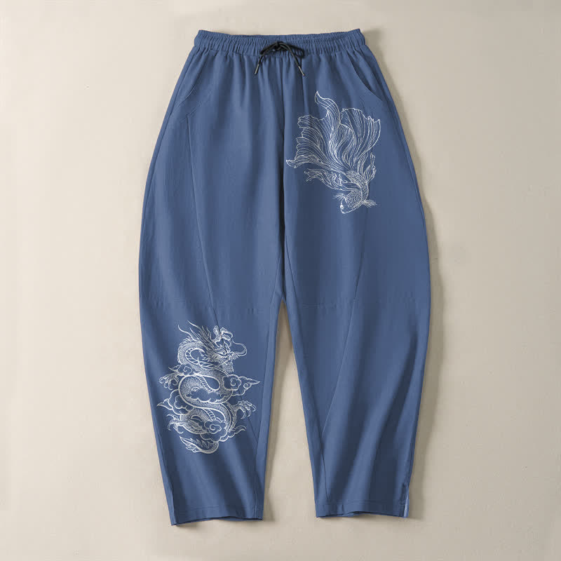 Buddha Stones Pure Cotton Koi Dragon Pattern Drawstring Men's Tapered Pants With Pockets - image 2