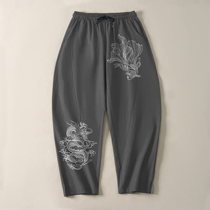 Buddha Stones Pure Cotton Koi Dragon Pattern Drawstring Men's Tapered Pants With Pockets - image 9
