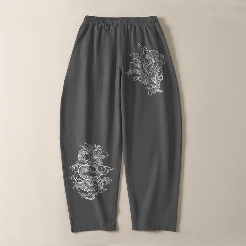 Buddha Stones Pure Cotton Koi Dragon Pattern Drawstring Men's Tapered Pants With Pockets - image 10