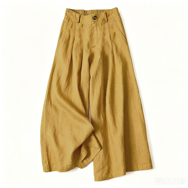 Buddha Stones Summer Elegant Solid Elastic Waist Button Zipper Design Cotton Linen Long Pants Women's Wide Leg Pants With Pockets - Yellow - US16，UK/AU20，EU48 (3XL) - image 9