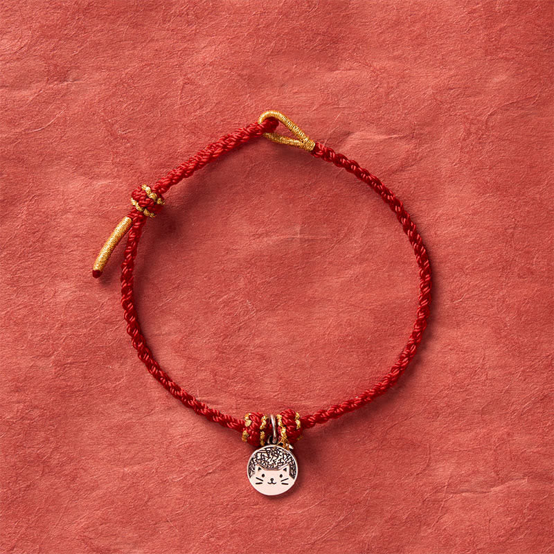 Buddha Stones 925 Sterling Silver Kitten Eating Fish Round Pendant Prosperity Red Black String Braided Bracelet - image 11