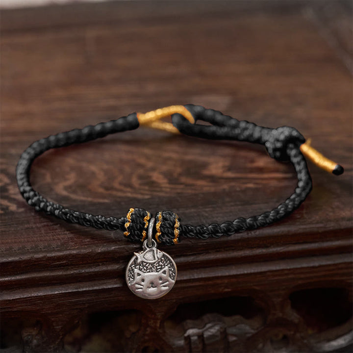 Buddha Stones 925 Sterling Silver Kitten Eating Fish Round Pendant Prosperity Red Black String Braided Bracelet - Black(Wrist Circumference 14–18cm) - image 13