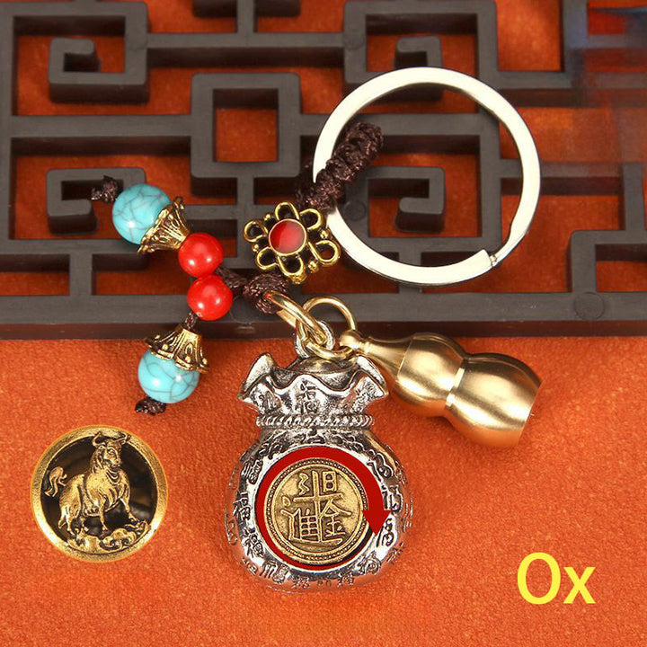 Buddha Stones Chinese Zodiac Rotating Fortune Bag Braided Keychains - Ox - image 1