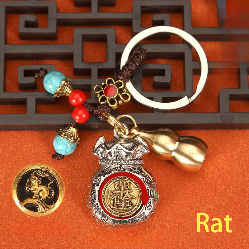 Buddha Stones Chinese Zodiac Rotating Fortune Bag Braided Keychains - Rat - image 0