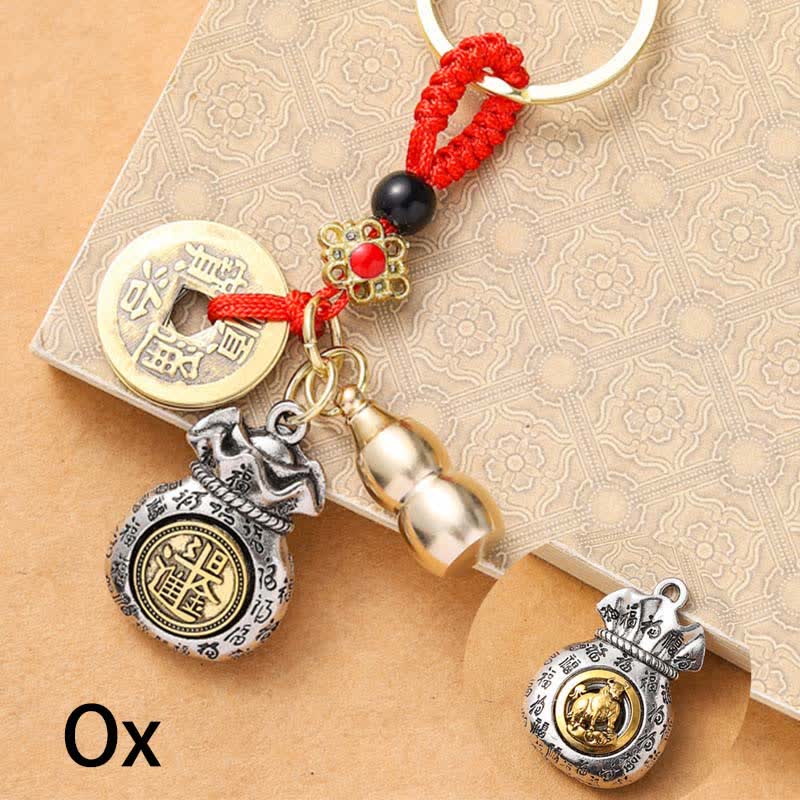 Buddha Stones Braided Red String Chinese Zodiac Five Emperor Coins Protection Keychains - Ox - image 2