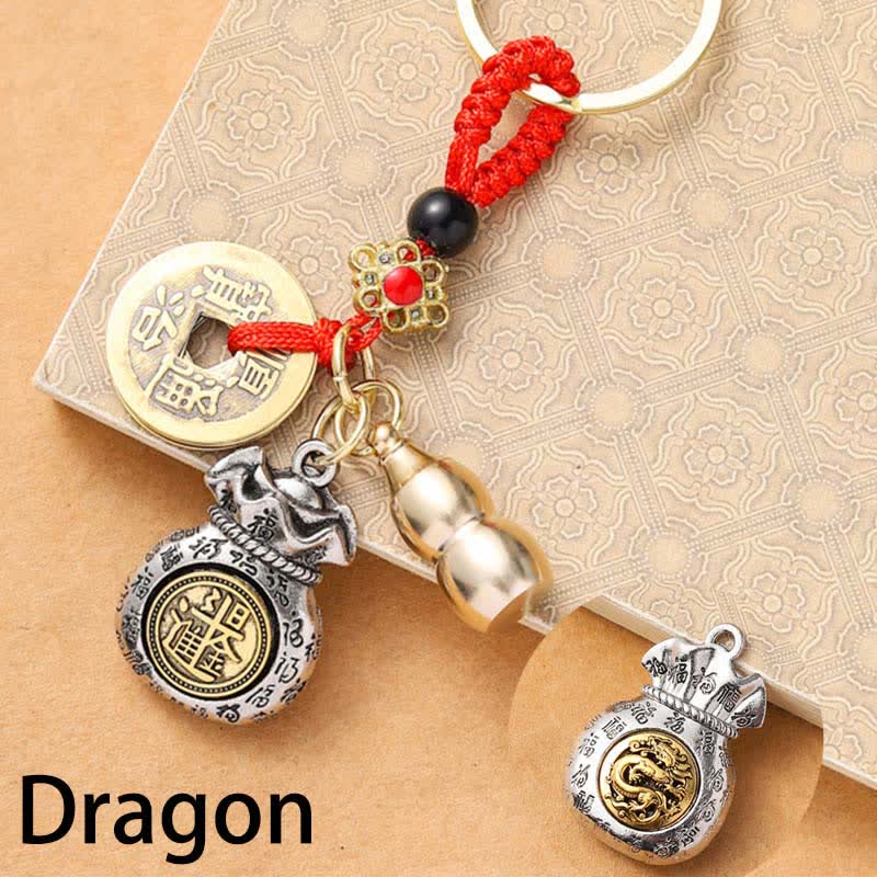 Buddha Stones Braided Red String Chinese Zodiac Five Emperor Coins Protection Keychains - Dragon - image 11