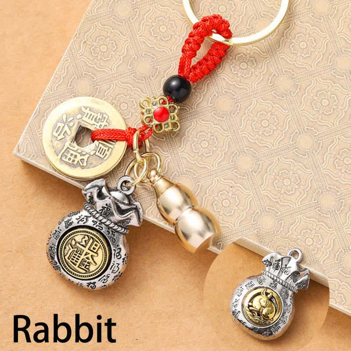 Buddha Stones Braided Red String Chinese Zodiac Five Emperor Coins Protection Keychains - Rabbit - image 4