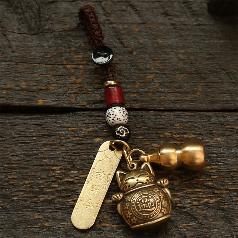 Buddha Stones Brass Lucky Cat Chinese Coin Wealth Keychains - Auspicious Cloud Gourd - image 1
