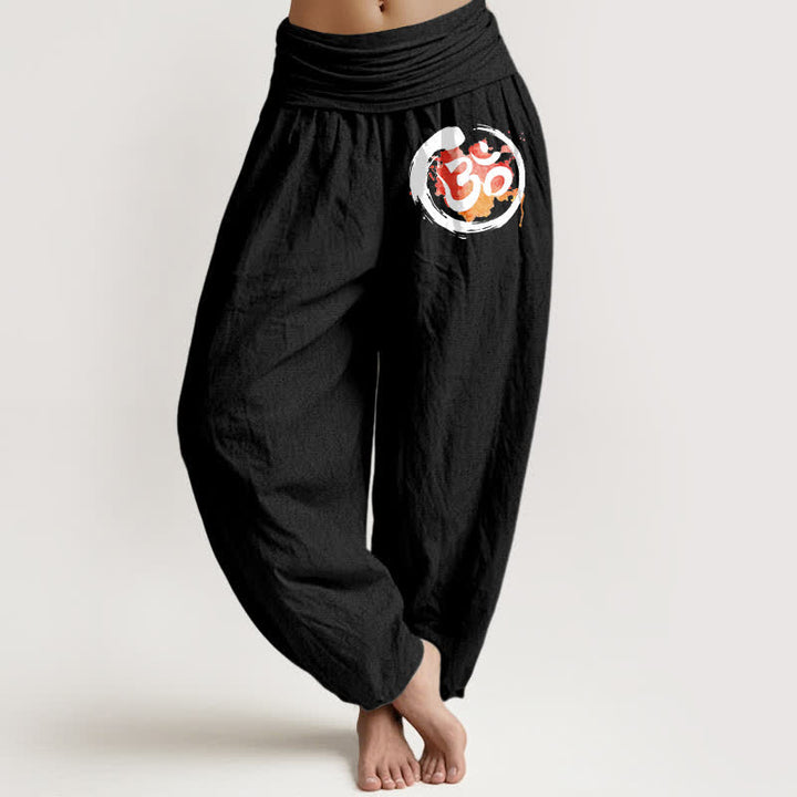 Buddha Stones Pure Cotton Black Circle Red Symbol Pattern Women's Elastic Waist Harem Pants - Black - US16，UK/AU20，EU48 (3XL) - image 5