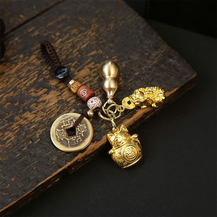 Buddha Stones Copper Lucky Cat Chinese Coin Gourd Pi Xiu Braided Keychains - Pi Xiu Gourd Coins - image 0