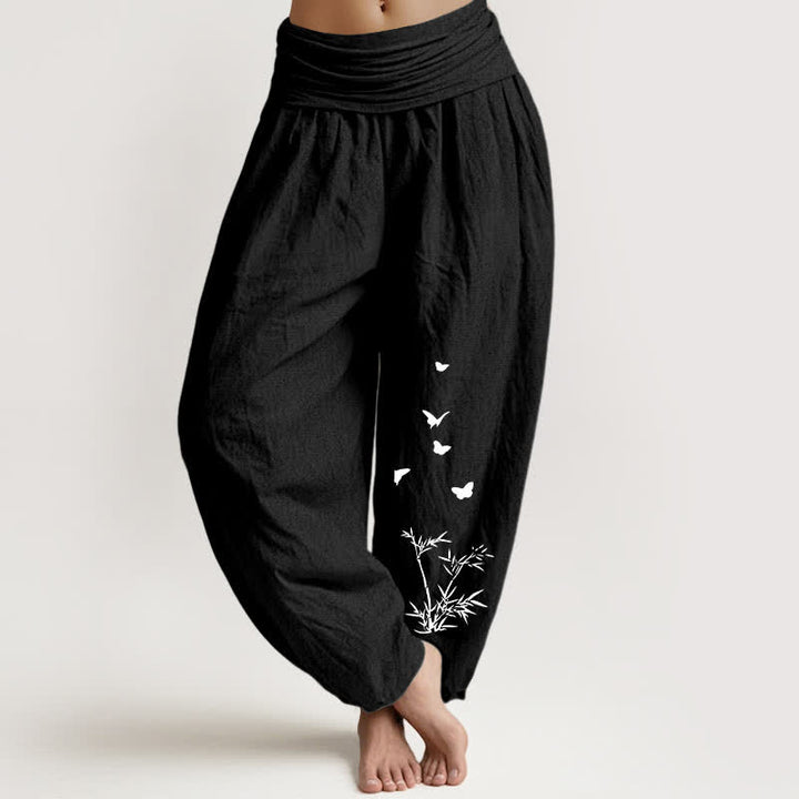 Buddha Stones Pure Cotton Butterfly Bamboo Leaf Pattern Women's Elastic Waist Harem Pants - Black - US16，UK/AU20，EU48 (3XL) - image 11