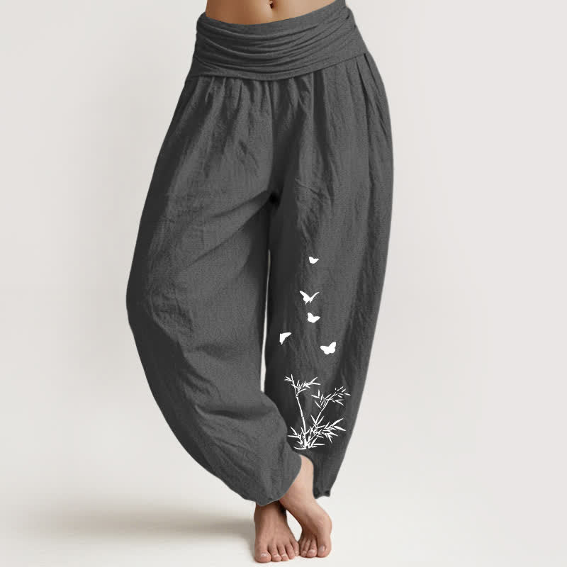 Buddha Stones Pure Cotton Butterfly Bamboo Leaf Pattern Women's Elastic Waist Harem Pants - DimGray - US16，UK/AU20，EU48 (3XL) - image 5