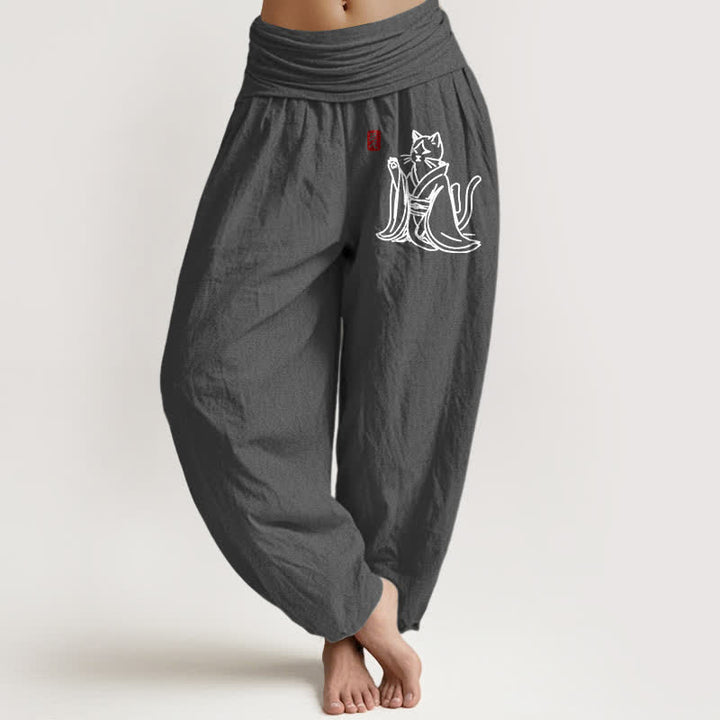 Buddha Stones Pure Cotton Zen Cat Pattern Women's Elastic Waist Harem Pants - DimGray - US16，UK/AU20，EU48 (3XL) - image 8
