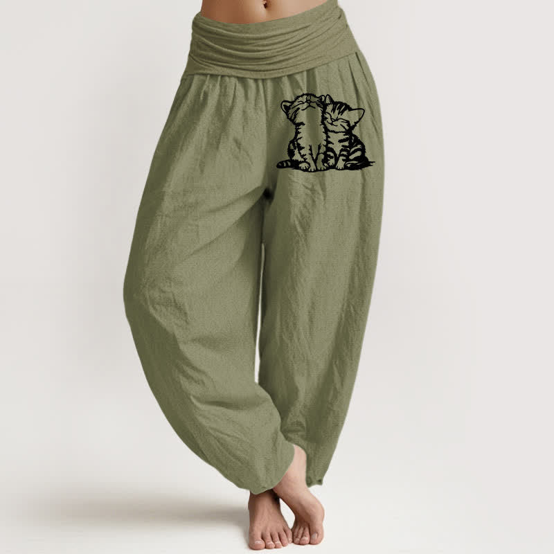 Buddha Stones Pure Cotton White Cat Pattern Women's Elastic Waist Harem Pants - OliveDrab - US16，UK/AU20，EU48 (3XL) - image 8