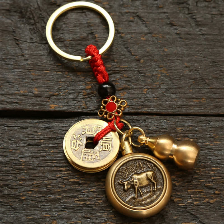 Buddha Stones Copper Chinese Zodiac Five Emperor Coins Red String Wealth Keychains - Ox - image 2