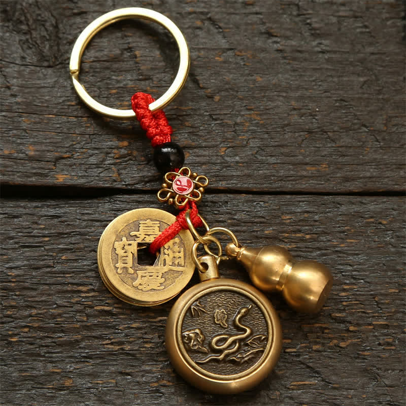 Buddha Stones Copper Chinese Zodiac Five Emperor Coins Red String Wealth Keychains - Snake - image 13