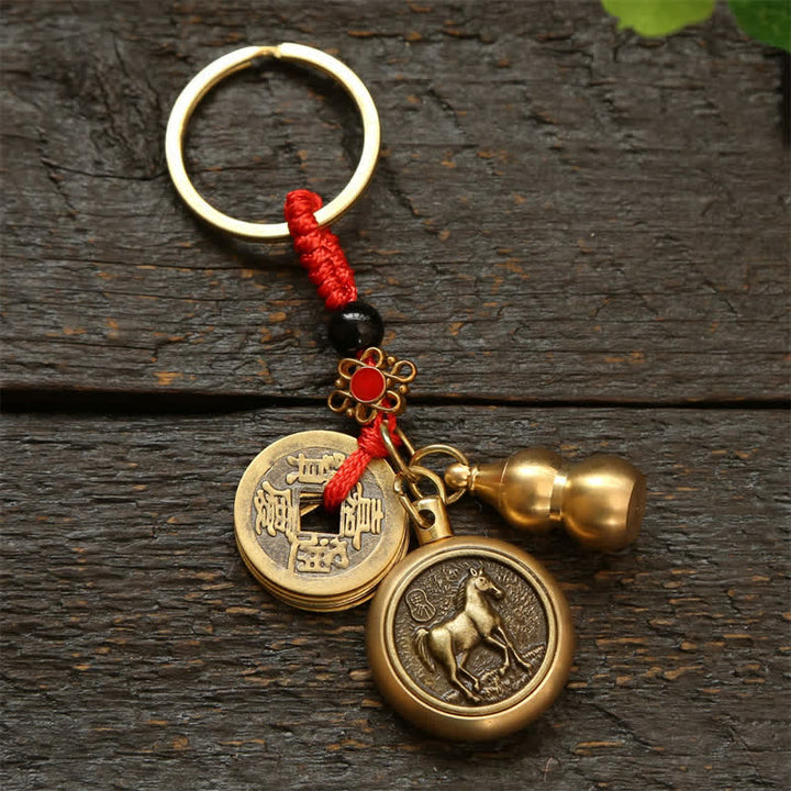 Buddha Stones Copper Chinese Zodiac Five Emperor Coins Red String Wealth Keychains - Horse - image 14