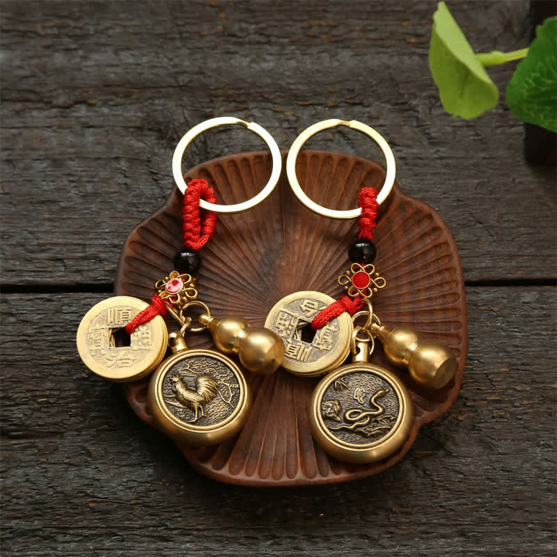 Buddha Stones Copper Chinese Zodiac Five Emperor Coins Red String Wealth Keychains - image 23