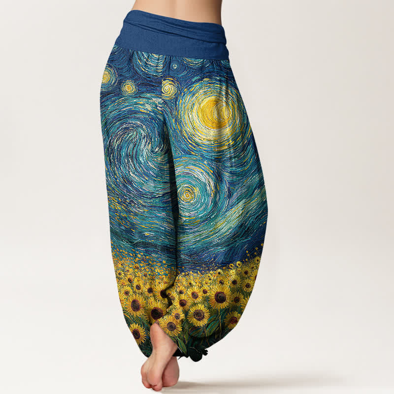 Buddha Stones Cotton Starry Night Sunflower Pattern Women's Elastic Waist Harem Pants - image 2